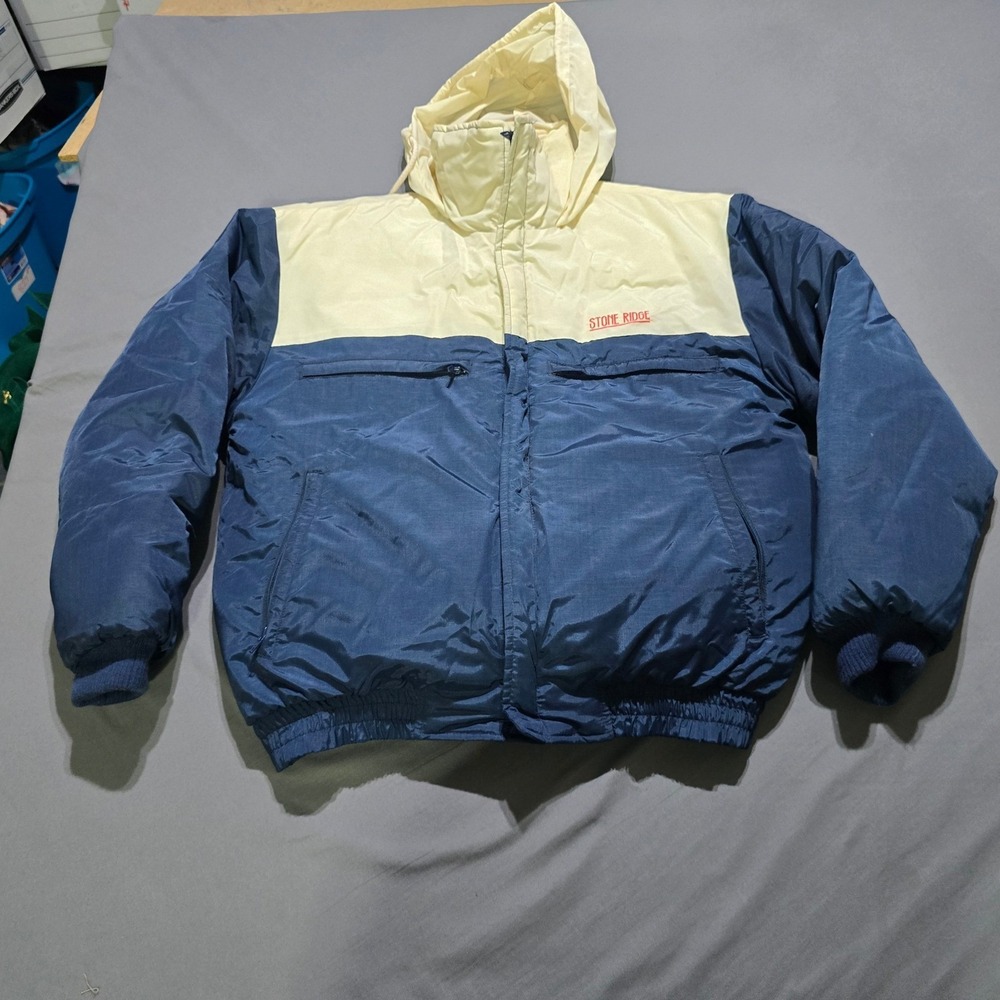 Stone Ridge Puffer Jacket Mens Medium Navy Cream Vintage Down Insulated Hooded